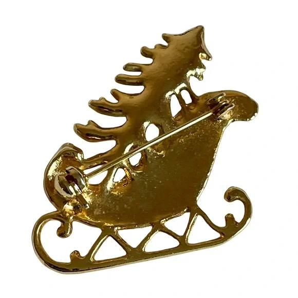 Vintage Mid-Century Red Sleigh With Christmas Tree Brooch - Picture 3 of 3